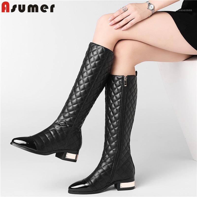 

ASUMER 2020 plus size 43 women knee high boots patent leather warm winter boots zip solid colors low heels shoes female black1, Black