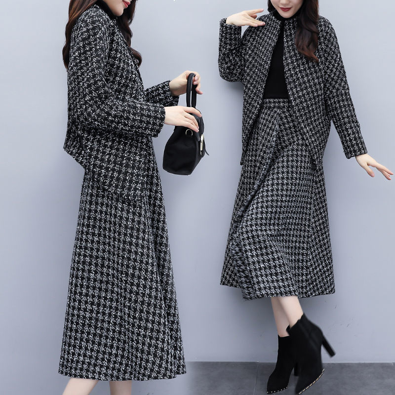 

2021 New women' fashion suit winter woolen temperament + skirt loose chess of two suits/sets -3XL y484 NXPN
