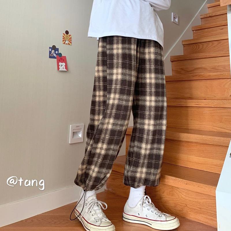 

Autumn Plaid Pants Men's Fashion Retro Casual Straight Pants Men Streetwear Loose Hip-hop Wide-leg Mens Trousers -2XL, Curry plaid