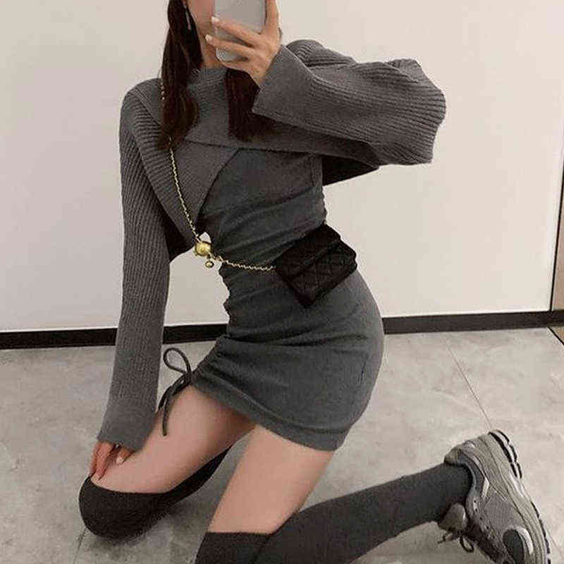

Elegant Vintage Knitted Dress Women Casual Sweater Suits Slim Y2k Mini Dress Party One Piece Dress Korean 2021 Winter Tracksuits G1223, Gray