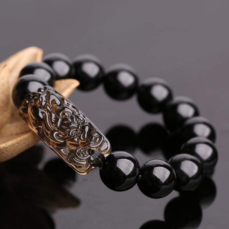 

Chinese Style Black Glass Beaded Bracelet Bracelet Bead for Wealth Luck Stretchable Pi Yao Wristband Black