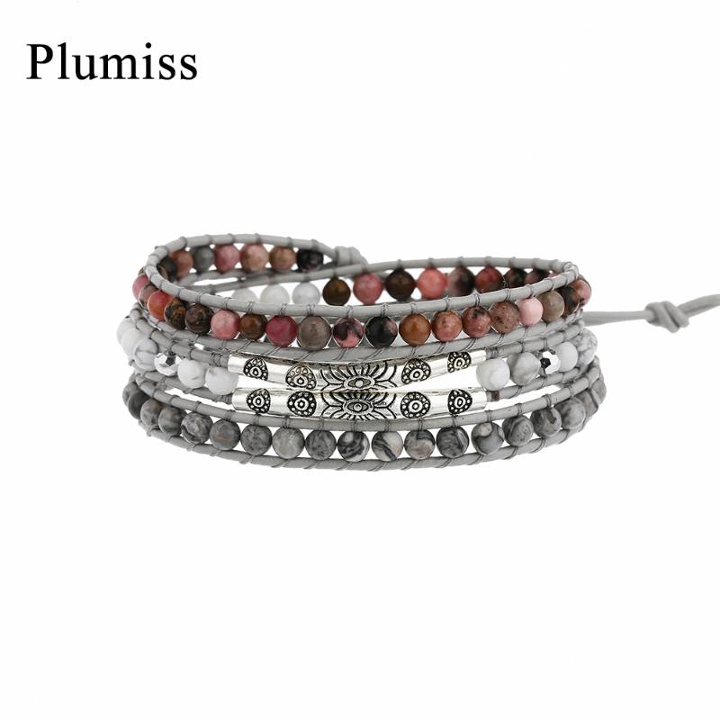

Plumiss Ethnic Pattern Wrap Bracelet Natural Stone Rhodonite Howlite Beaded Bracelets for Women Turkish Evil Eye Fashion Jewelry