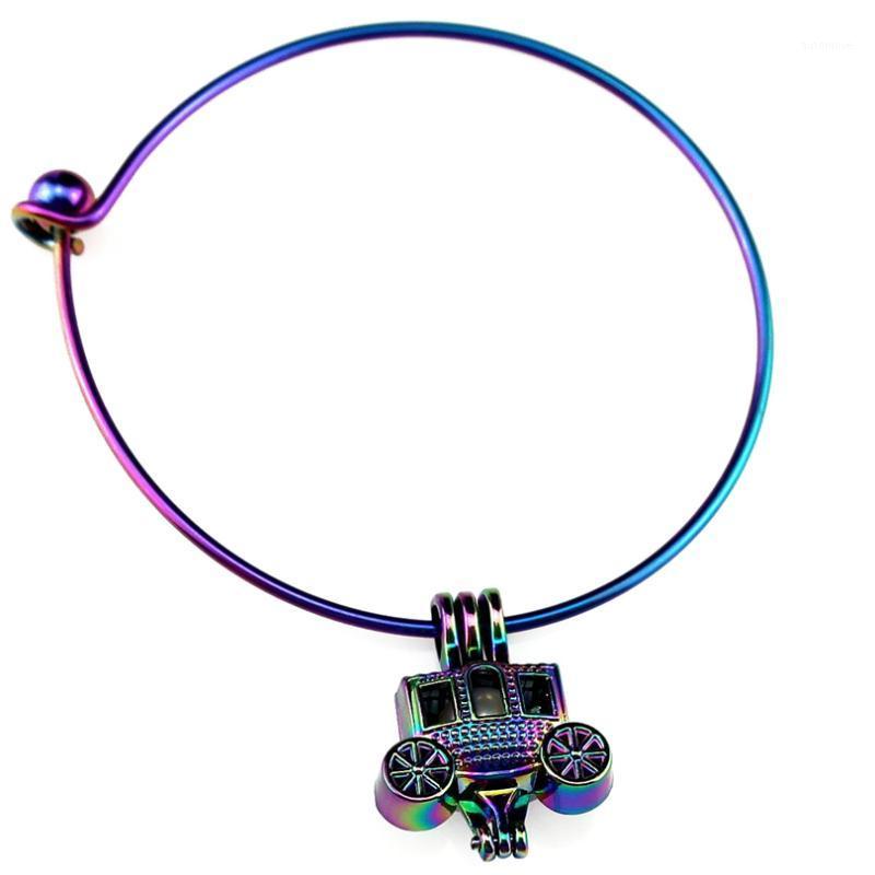 

B-C878 Rainbow Carriage Car Beads Cage Locket Wrist Girl Women Expandable Wire Steel Bracelet Bangle1