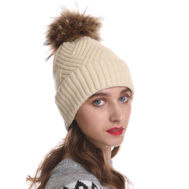 

Beanie/Skull Caps Winter Hats For Women Natural Fur Pompom Hat Warm Wool Slouchy Beanies Ladies Fashion Skullies Womens, Black
