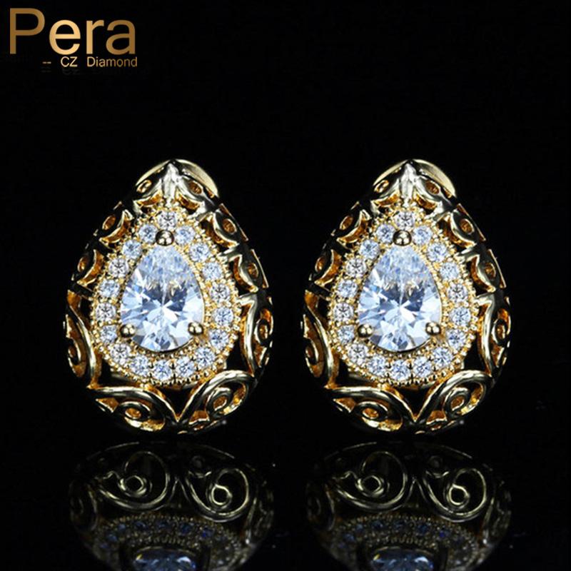 

Pera CZ 2020 Noble Design Women Wedding Party Ear Gold Color Jewelry Big Oval Cut Stud Earrings With Cubic Zirconia E185