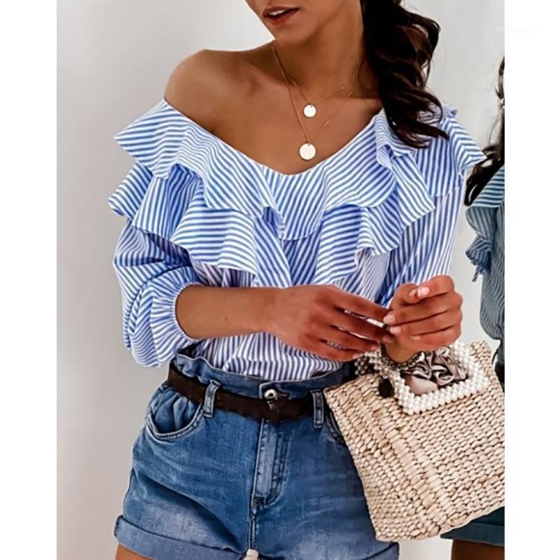 

Off shoulder Ruffles Stripe Blouse 2020 Fashion Ladies Elegant Loose Elbow Sleeve Blue Blouse Shirts Plus Size S-2XL1