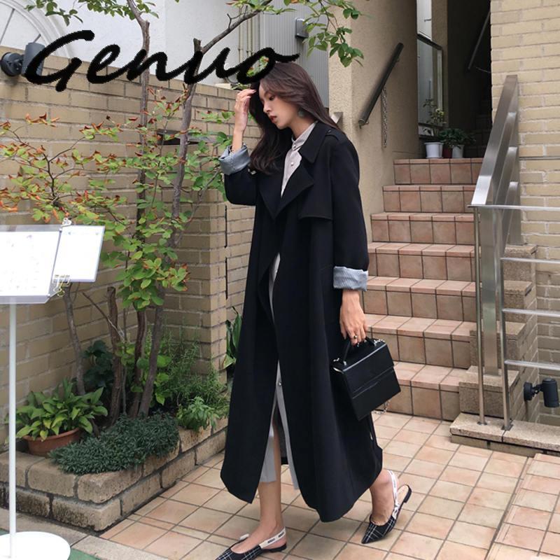 

Genuo Autumn Black Trench Coat Women Fashion Korea Style Lace Up Long Trench Coats Windbreaker Female Thin Women Coat Cardigan