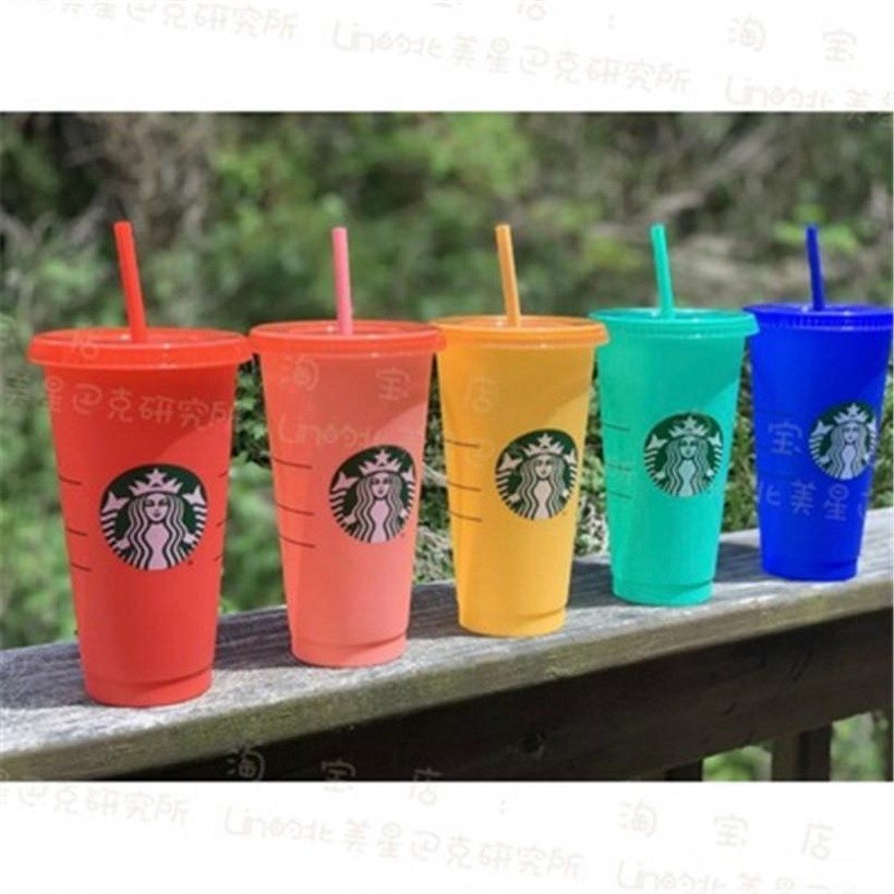 

US Stock Starbucks 24OZ/710ml Plastic Tumbler Reusable Clear Drinking Flat Bottom Cup Pillar Shape Lid Straw Mug Bardian 50pcs, Extra fees not goods