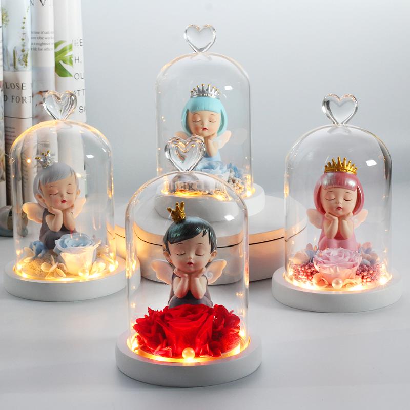 

Valentine's Day Gifts Rose Angel in Glass Dome Wooden Base For Party Decorations Flower Christmas Gifts, 001
