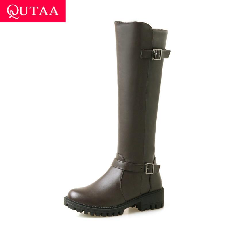 

QUTAA 2021 Buckle Zipper Fashion Knee High Boots Autumn Winter Round Toe Long Boots PU Square Heel Women Shoes Big Size 34-43, Black
