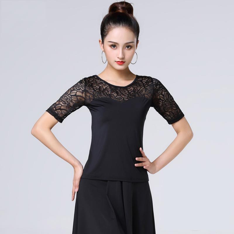 

Latin Dance Jacket New Female Adult Short Sleeve Dance Dress Summer Mesh Modern Practice Dress DQT1044, As picture