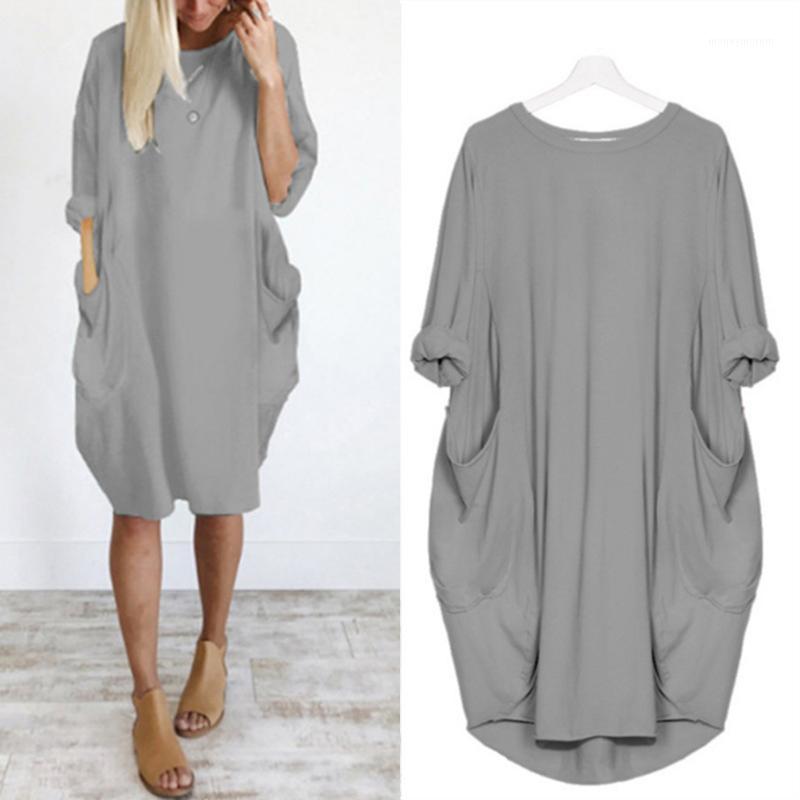 

Women Oversized Dresses Long Sleeve Solid Tunic Dress Plus Size Pullover Shirt Dress Baggy Pockets Midi -5XL1, Blue