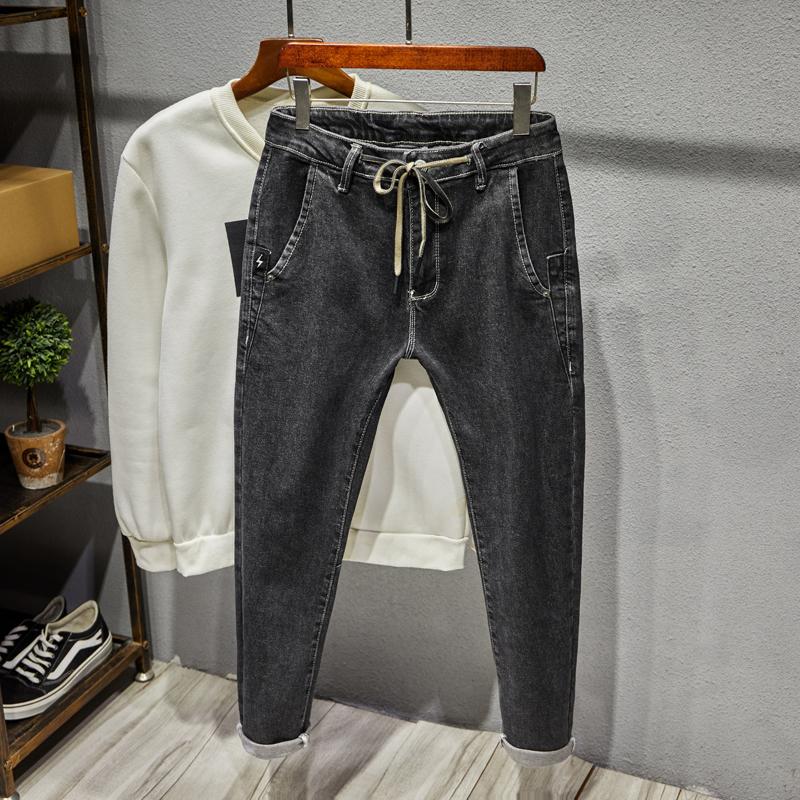 

Autumn and Winter New Jeans Men's Solid Color Elastic Waist Jeans Men's Stretch Harem Denim Trousers Multi-pocket Casual Pants, 9202 blue