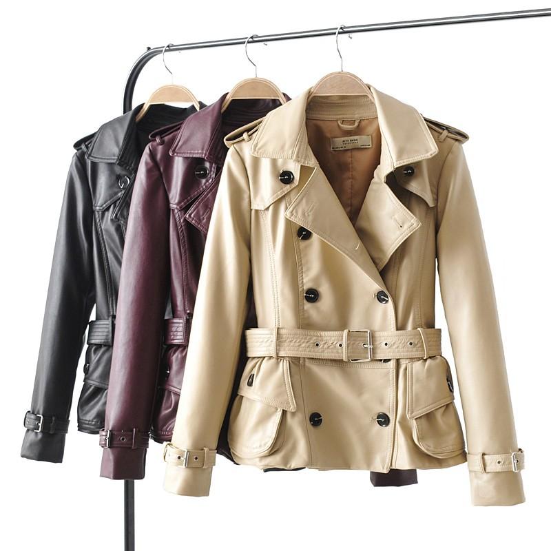 

Ftlzz 2020Autumn New Women Biker Leather Jacket Double-breasted Lape British Wind Pu Leather Slim Coat Belt Pink Jackets, Black