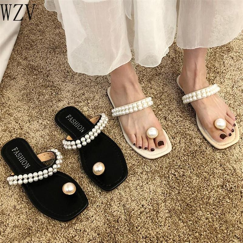 

Summer Pearl Slippers 2020 Women Shoes PU Leather Open Toe Ladies Flip Flops Slides Outside Womens Slippers Flats Sandals1, Black