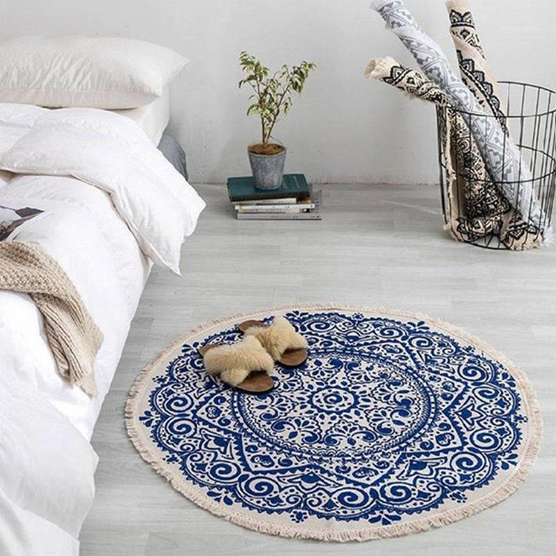 

Morocco Round Carpet Bedroom Boho Style Tassel Cotton Rug Hand Woven National Classic Tapestry Sofa Cushion Tatami Floor Mats1, Black