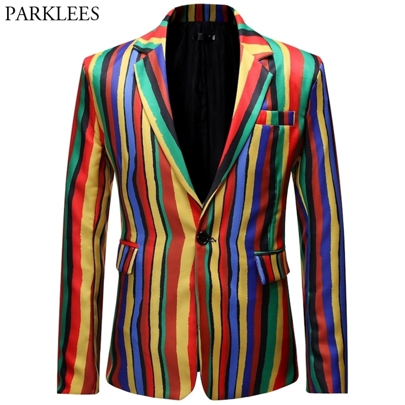 

Colourful Rainbow Men Blazer Fashion Graffiti Blazers Mens Vertical Stripe Casual Slim Fit Men Suit Jacket Stage Costumes Homme 201104, Colourful blazer
