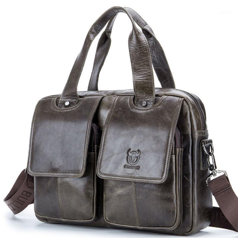 

TopFight Fashion Men Briefcases Leather Handbag With Two Front Pocket Leather Shoulder Bags For 14 Inch Laptop Bag Travel1, Brown