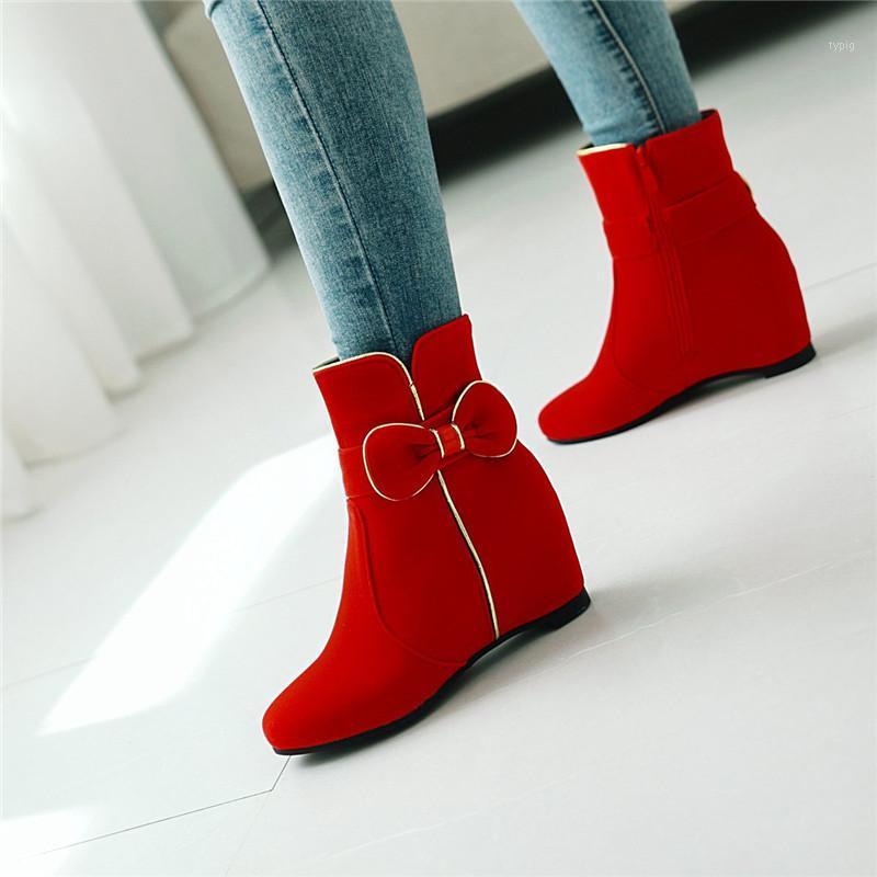 

YQBTDL 2020 Fashion Party Cute Bowtie Lolita Shoes Height Increasing High Heel Red Black Flock Sweet Ankle Boots for Women Shoe1