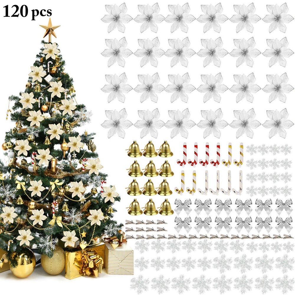 

Set 120pcs Hanging Christmas Decorations Artificial Flowers Bow Bell Cane Xmas Event Party home decoration sapin de noel new