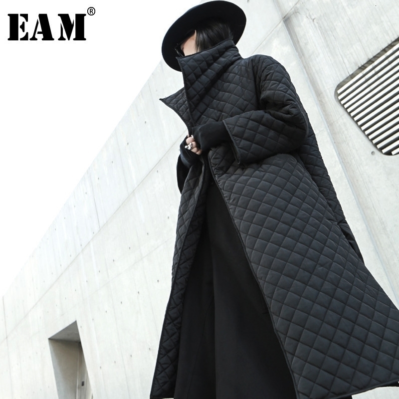 

[EAM] Black Big Size Long Cotton-padded Coat Long Sleeve Loose Fit Women Parkas Fashion Tide New Spring Autumn 19A-a319 201120