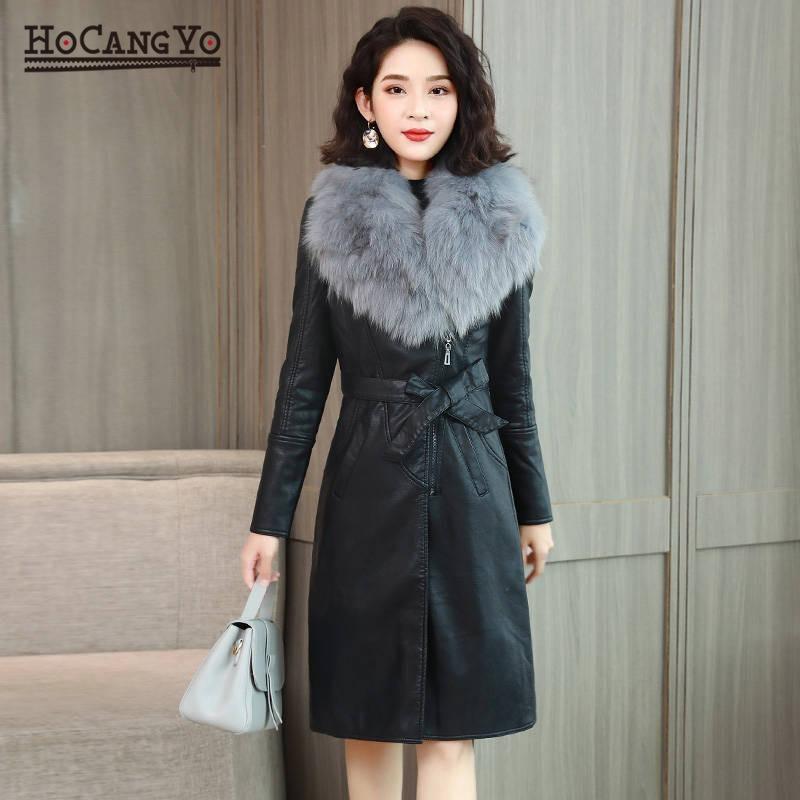 

Winter Woman's Leather Jackets Korean Style Plus Velvet Fur Collar Warm Faux PU Leather Coat Woman Casual Outwear Long Jacket, Army green