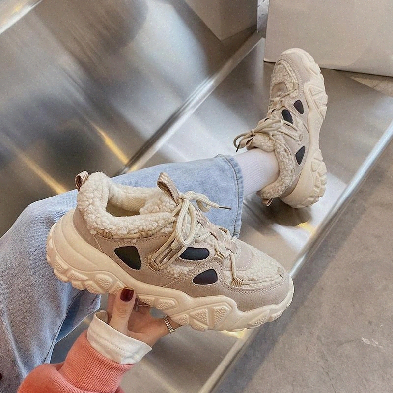 

Fur Sneakers Women Shoes Plush Platform Sneakers Winter Vulcanized Shoes Women Warm Chunky Trainers Black Beige Tenis Feminino #aY3U