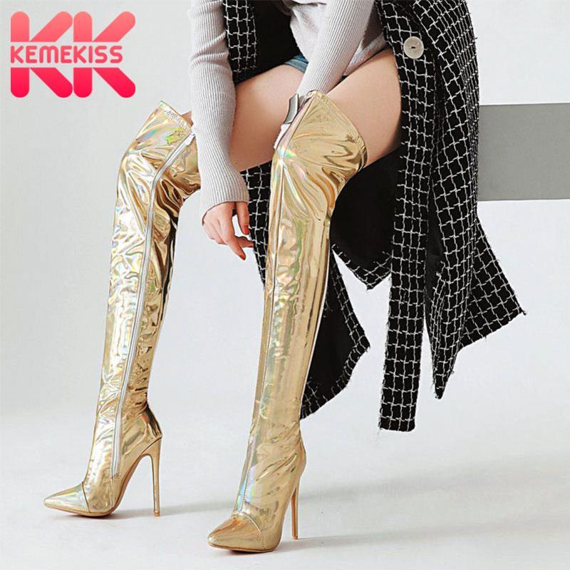 

KemeKiss Plus Size 30-48 Women Thigh High Boots Winter Plush Warm Shoes Woman Pointed Toe Sexy Thin High Heels Add Fur Boots1, Gold velvet