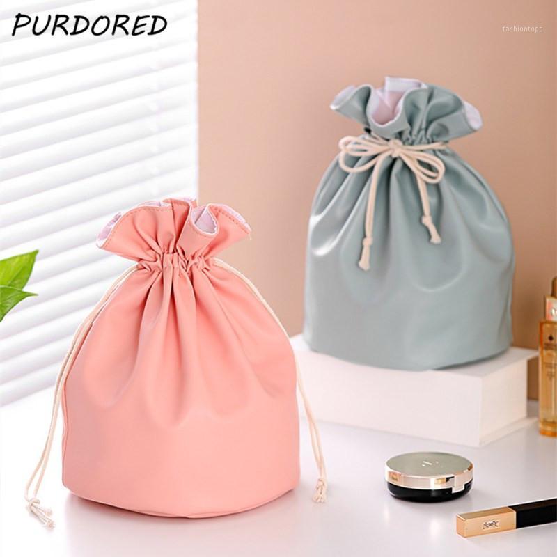

PURDORED 1 Pc women drawstring makeup bag PU leather waterproof cosmetic bag travel large Female Make Up Pouch Necessaries1, Green