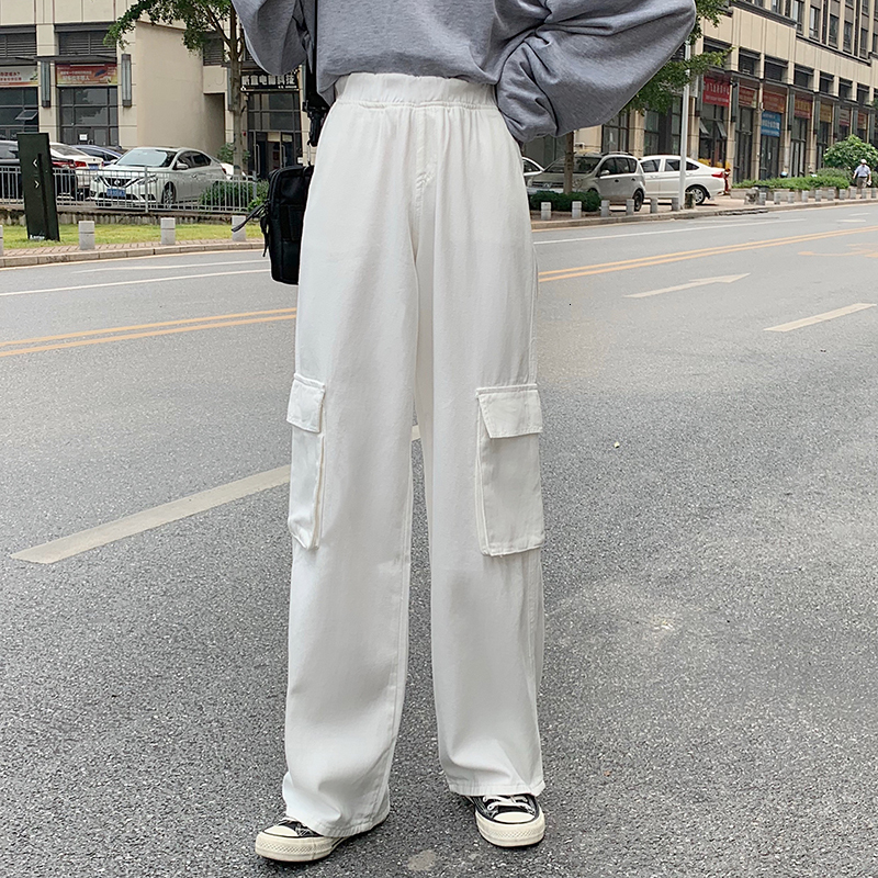

2021 New 3 colours of women with elastic wiast pocket streetwear leg denim women's loose long pants (f8026 O3YW, Army green.
