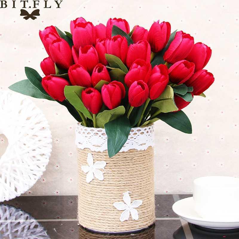 

30cm Silk PU Tulips Artificial Flowers Bouquet 9 Big Head and 1 Bud Cheap Fake Flowers for Home Wedding Decoration indoor1