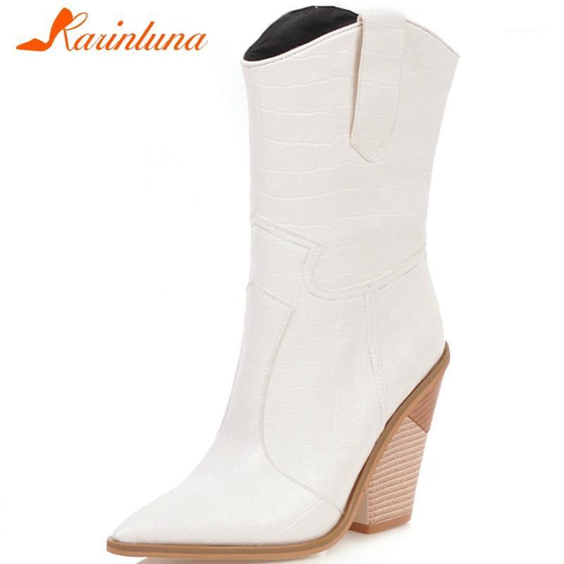 

KARIN Ladies High Chunky Heels Boots Fashion Party Street Pointed Toe mid-calf Boots Women Brand Designer Shoes Woman1, Black