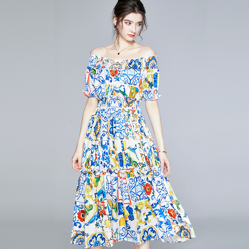 

2021 New Fashion Runway Summer Women Elegant Slash Neck Sleeve Elastic Waist Multicolor Flower Print Vintage Midi 2pky, Blue
