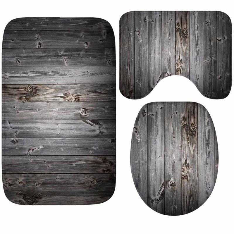 

Non Slip Bathroom Bath Mat + Lid Toilet Cover + Toilet Mat oft Flannel Bath Rugs Sets 3 Piece Creative Wood Pattern
