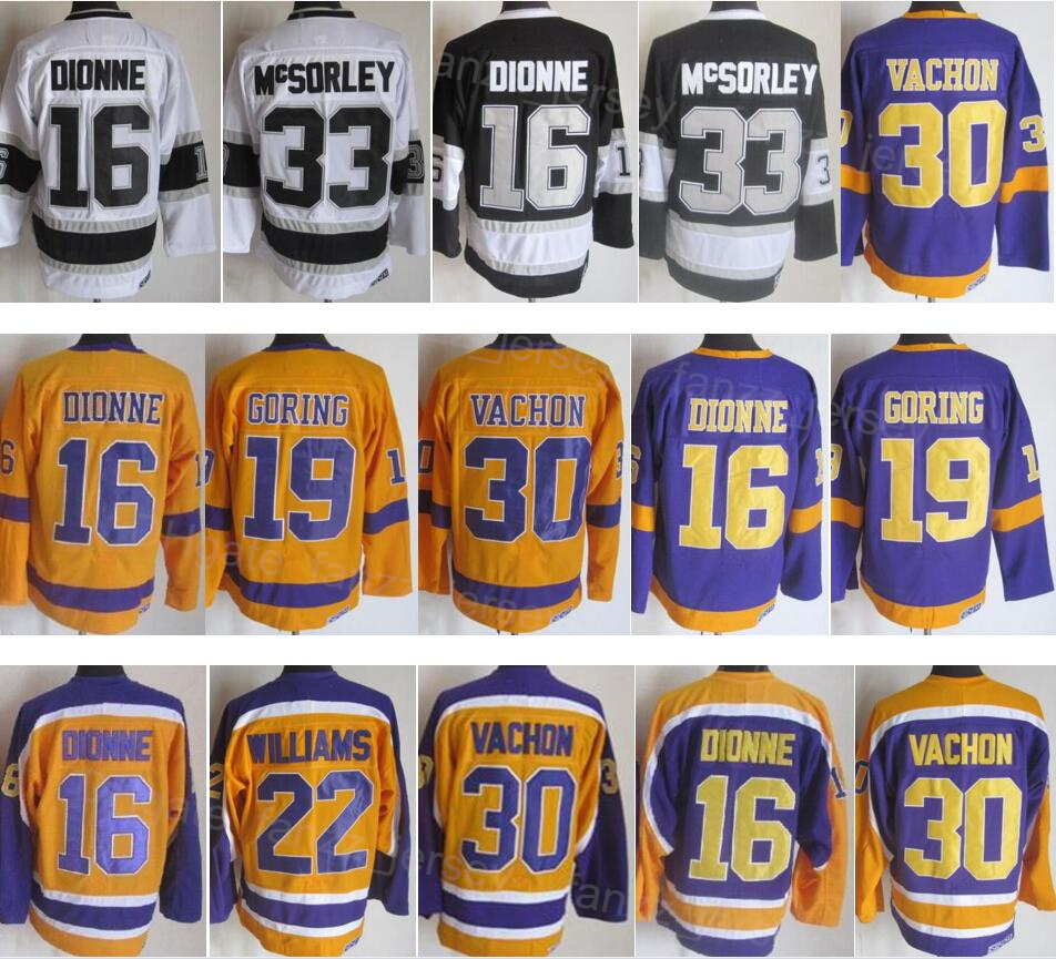 

Men Vintage Hockey Retro 33 Marty McSorley Jerseys 16 Marcel Dionne 30 Rogatien Vachon 22 Tiger Williams 19 Butch Goring 32 Kelly Hrudey Yellow Purple White GuoWang, 16 yellow