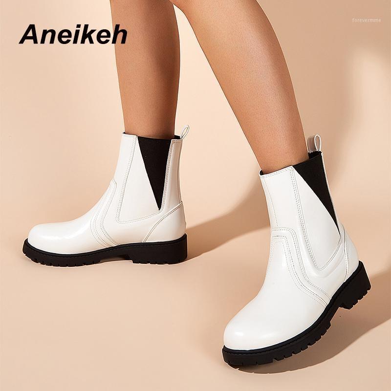 

Aneikeh 2020 Spring/Autumn Fashion Retro Mid-Calf Riding Boots Patchwork Elastic Band Sewing Round Toe Flat With Shoes For Women1, White