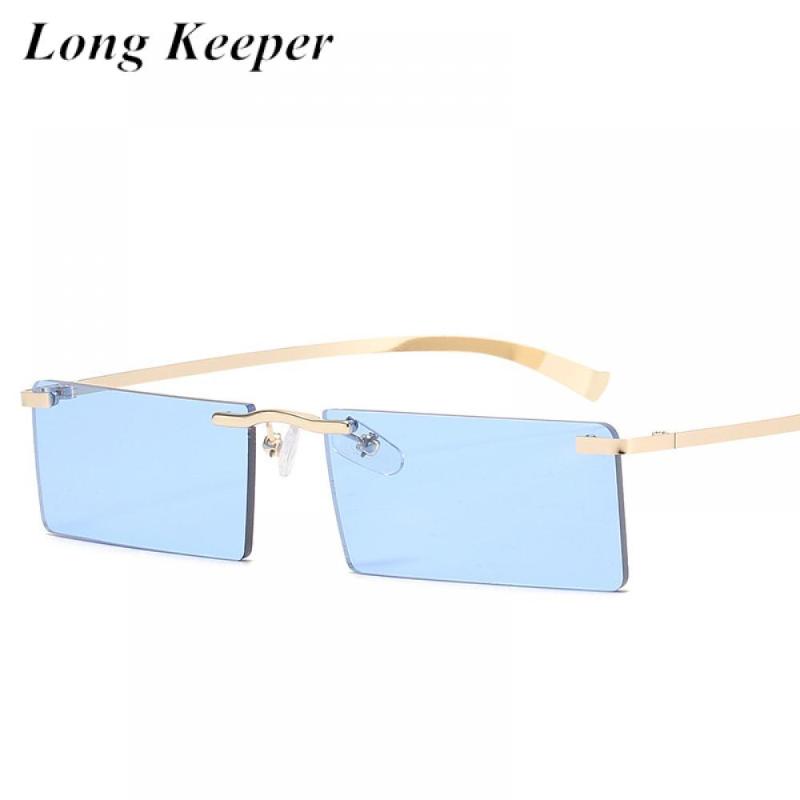 

Sunglasses LongKeeper Vintage Small Rectangle Men Rimless Sun Glasses Women Metal Ocean Lens Shades Eyewear UV400