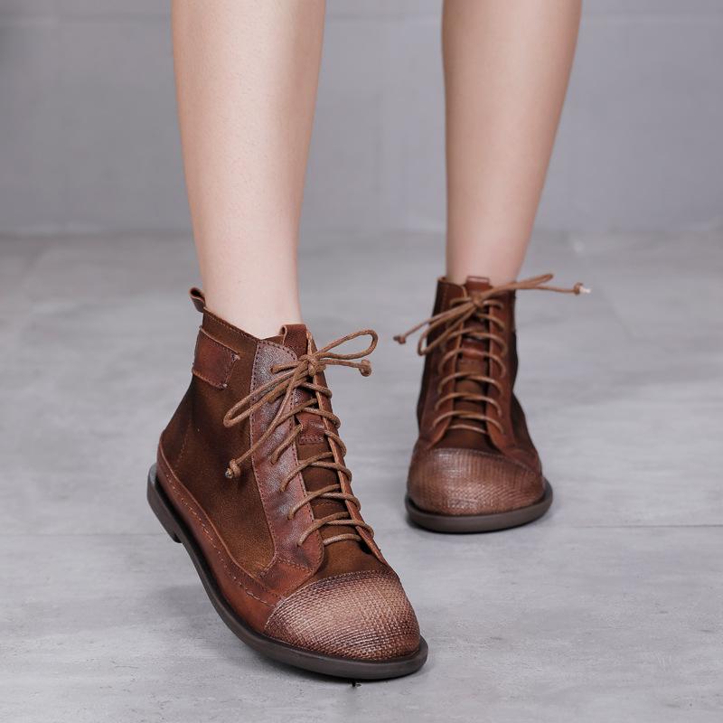 

2020Winter Boots Women's Lace-up Retro Biker's Flat Ankle Genuine Leather Thin, Black