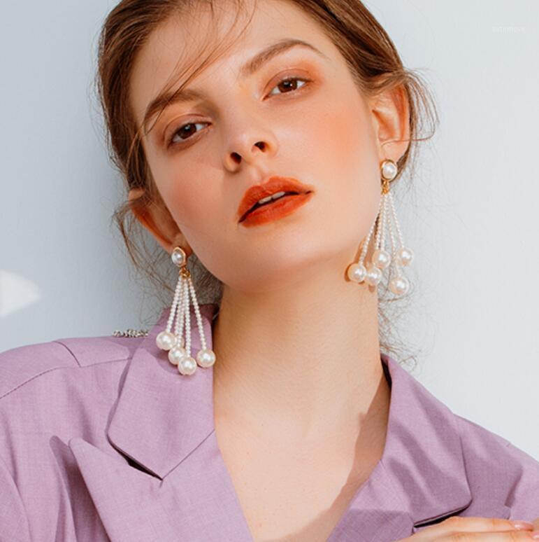 

ZHOUYANG Drop Earrings For Women Korean Style Long Tassel Imitation Pearl Rose Gold Color Party Gift Fashion Jewelry KAE2031