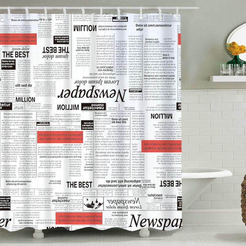 

Silver Gray Newspaper Shower Curtain Set with 12 Hooks Bathroom Decoration