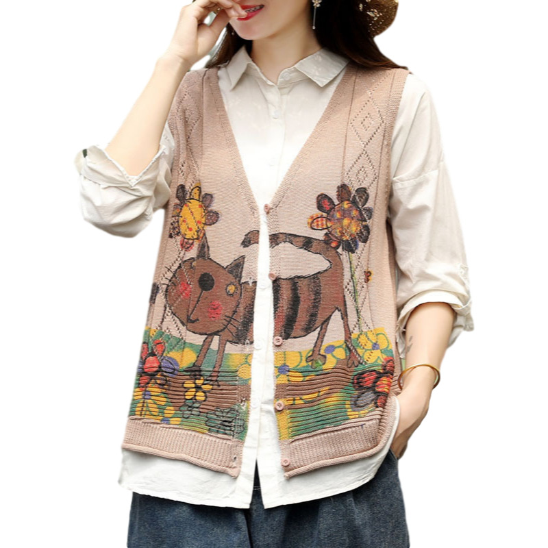 

Fashion Designer Ladies Printed Vests No Sleeves Women's Blouses Plus Size Tops 4eym, Khaki.