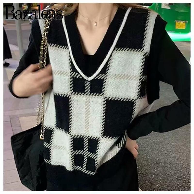 

Bazaleas Fashion V Neck Women' Sweater Loose Black Tartan Knitted Camis Pull Femme Clothes Sleeveless Tank Top, 7561 tartan yf129