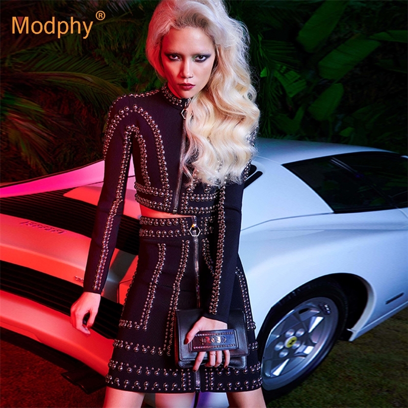 

Winter sexy black rivet ladies set Bodycon long sleeve jacket and A-line skirt 2 two-piece set women celebrity party Female Set 201106