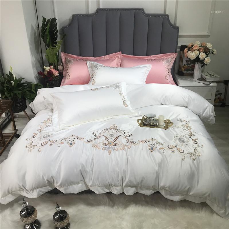 

Luxury European Style White Red Pink Green Gray Washed Silk Pillowcase Sheet/Linen Duvet Bed Cover Cotton Bedding Embroidery Set1