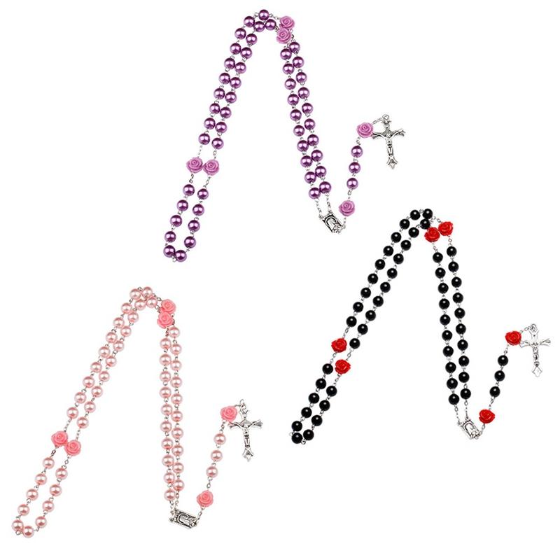 

Purple Rosary Beads Catholic Rosary Necklace For Girls Women Glass Father Bead Crucifix Pendant Rose Halloween Gift Girl