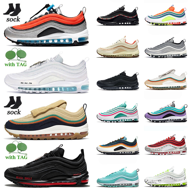 

Maxs US 12 Mens 97 Running Shoes Top Fashion Athletic OG 97s Cushion Sneakers MSCHF x INRI Jesus Satan Sean Wotherspoon Black White Sky Wome