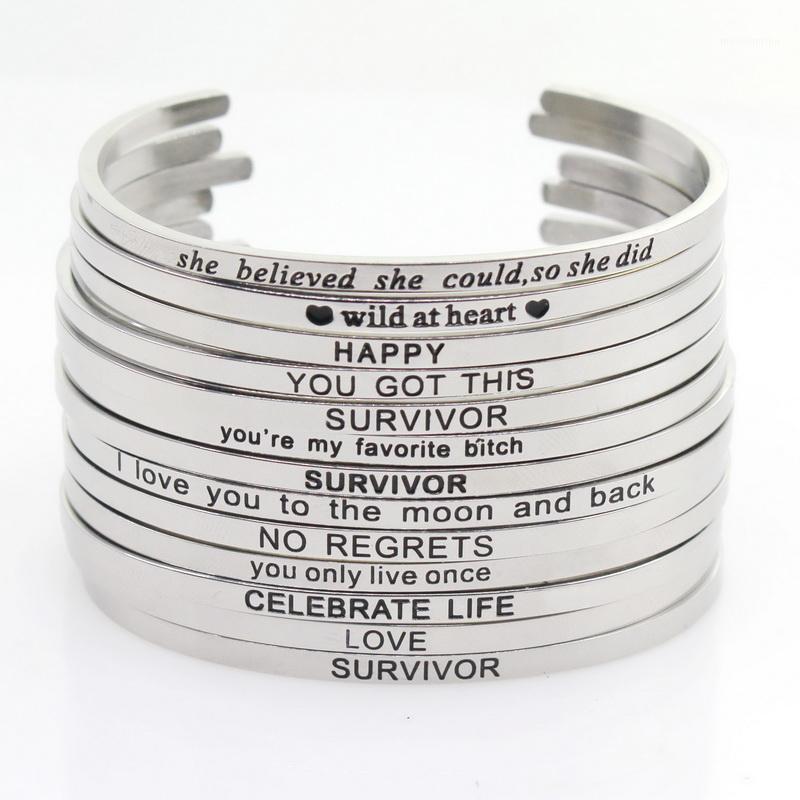 

New Silver Stainless Steel Bangle Engraved Positive Inspirational Quote Hand Stamped Cuff Mantra Bracelets For Men Women1