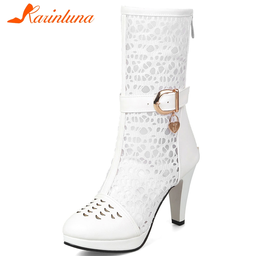 

KARIN Elegant Female Zipper Brand Boots Hollow Out Buckle Metal Solid Mid Calf Women Boots Summer Women Shoes, White