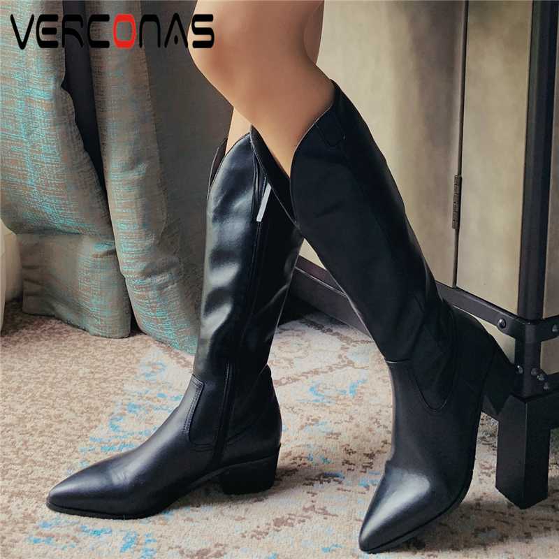 

VERCONAS Fashion Concise New Women Knee-High Boots Autumn Winter Shoes Woman Side Zipper Genuine Leather High Heels Long Boots, Black