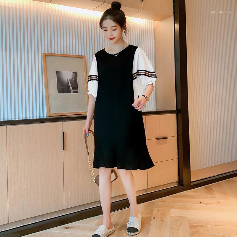 

Plus Size Maternity Cotton Summer Dress Stripe Patchwork Short Lantern Sleeve O-Neck Pregnant Women Vintage1 Dresses, Black